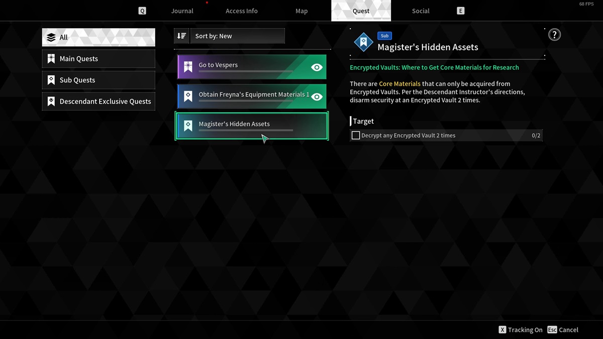 The Magister's Hidden Assets quest on the quest list in The First Descendant.