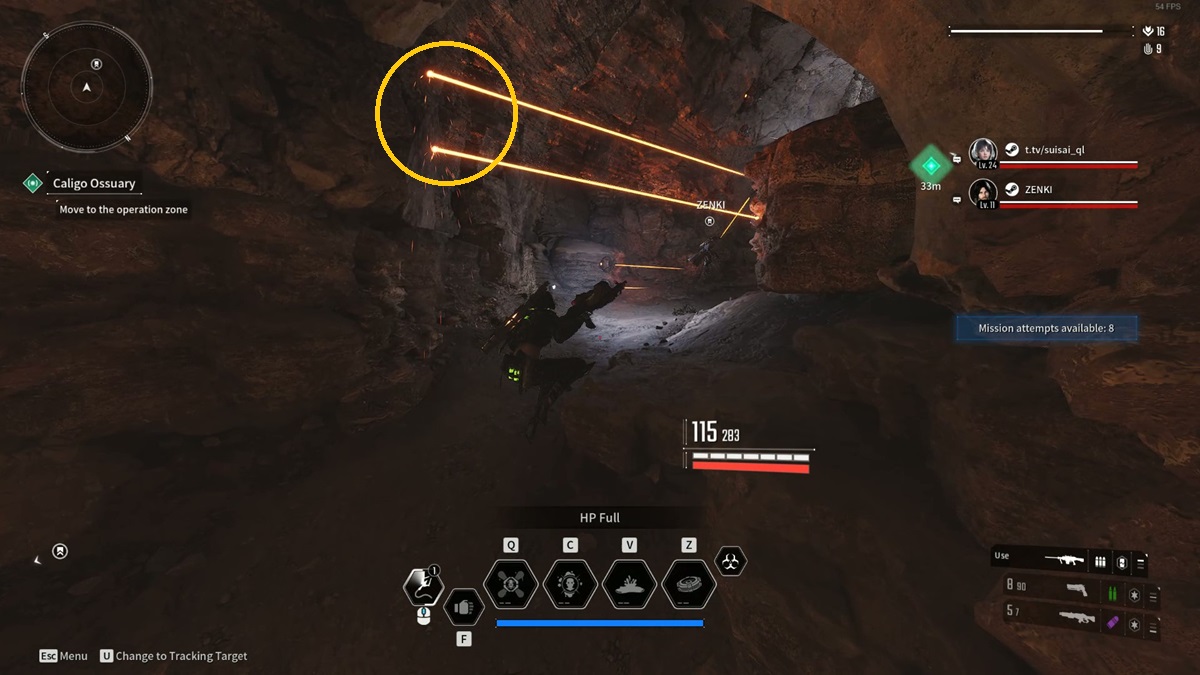 A player spots lasers in the Caligo Ossuary mission in The First Descendant.