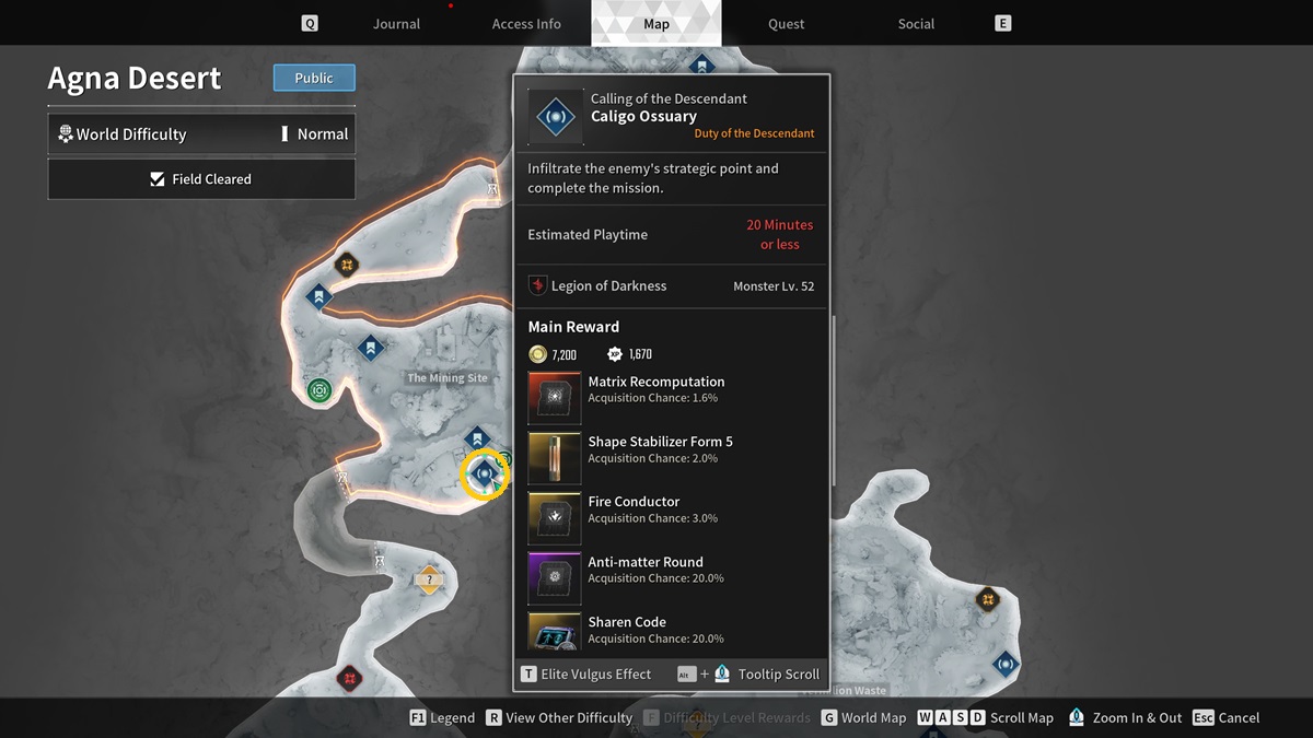 A player checks a map with a mission marked for the Matrix Recomputation module in The First Descendant.