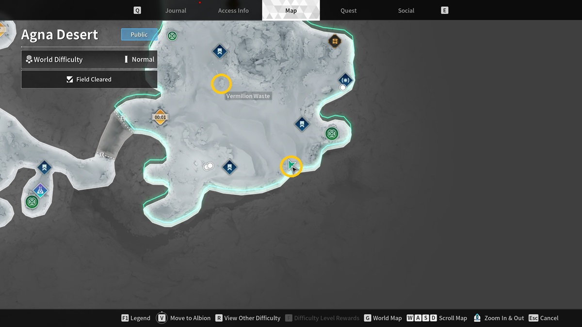 A map that highlights the Encrypted Vaults in the Vermilion Waste in The First Descendant.