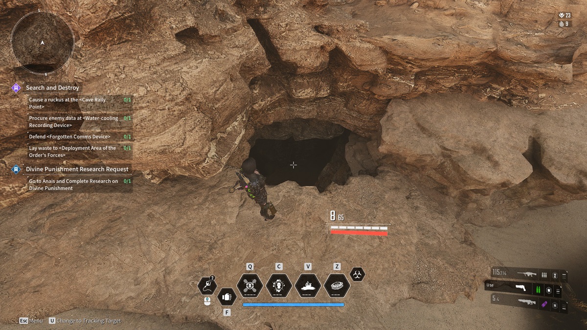 A player stands next to a hole in the Agna Desert in The First Descendant.