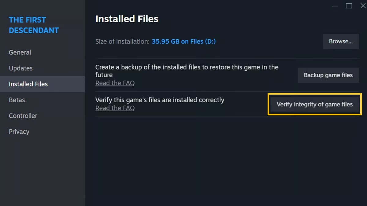 A player checks the verify game files option on Steam.