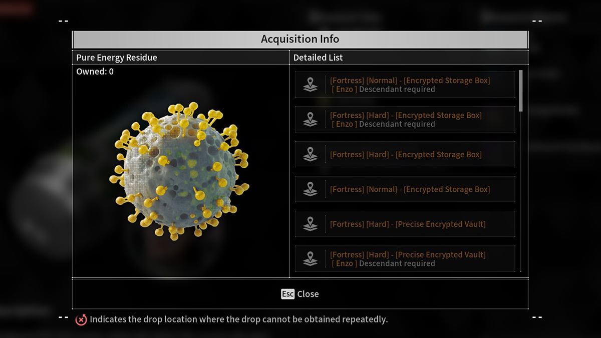 Image of the Pure Energy Residue resource acquisition list in The First Descendant.
