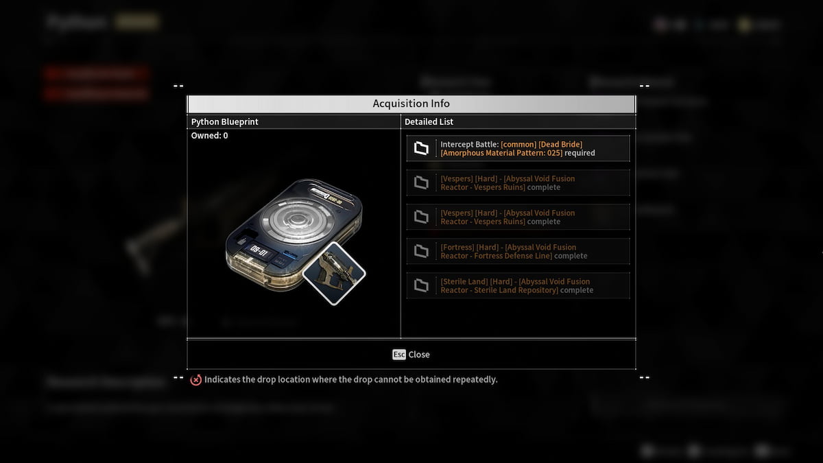 Image of the Python Blueprint requirements in The First Descendant.