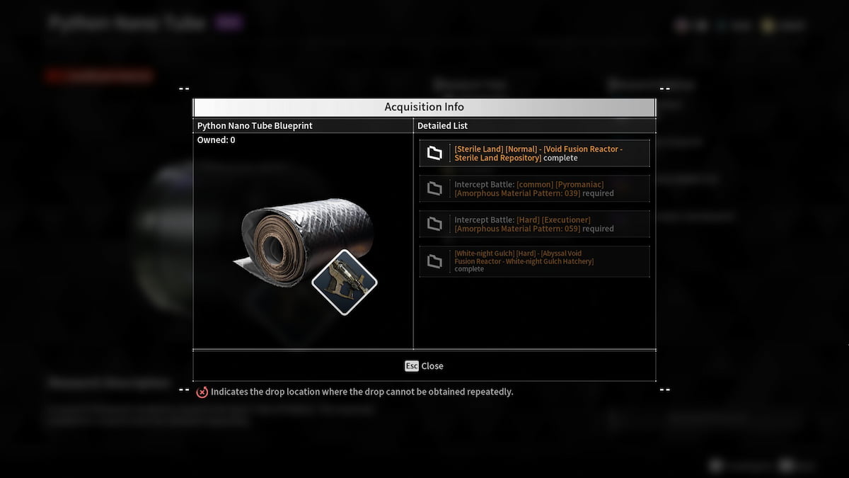 Image of requirements to get Python nano Tube Blueprint in The First Descendant.