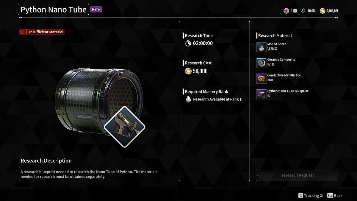 Image of the Python Nano Tube crafting requirements in The First Descendant.