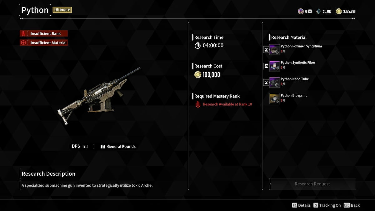 Image of the Python research screen in The First Descendant.