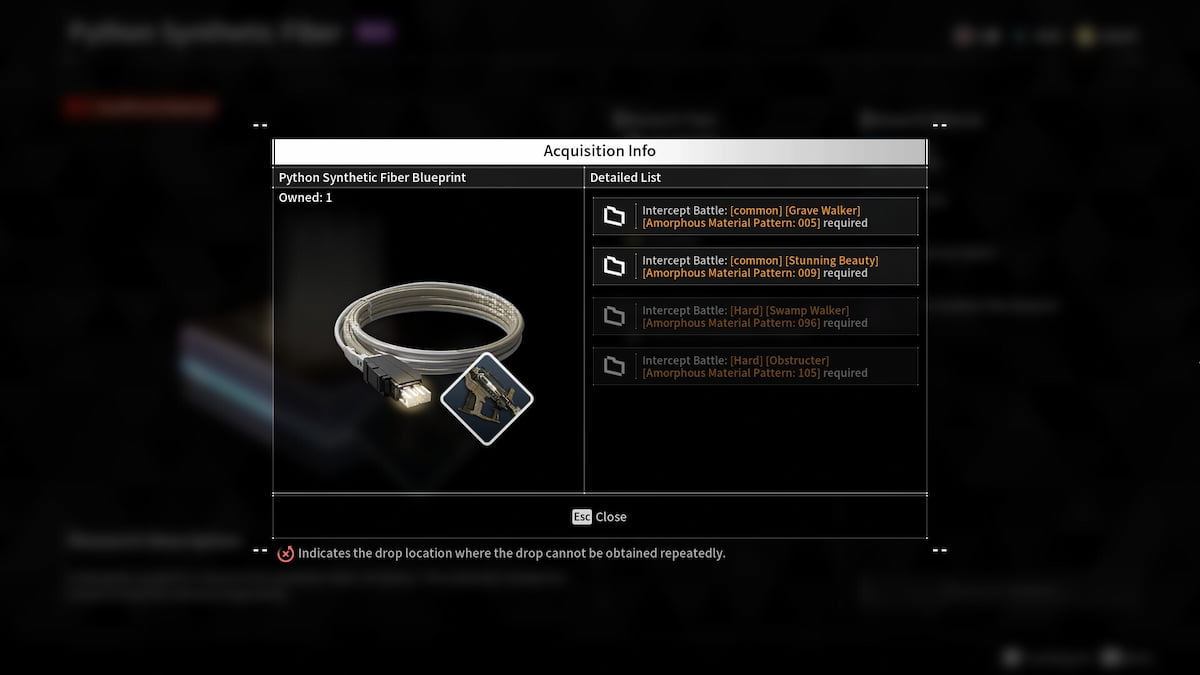 Image of requirements to get Python Synthetic Fiber Blueprint in The First Descendant.