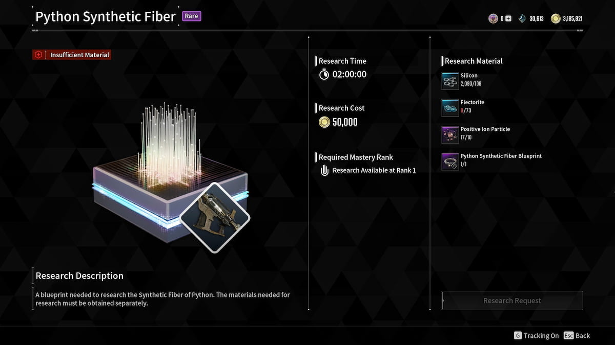 Image of the Python Synthetic Fiber crafting requirements in The First Descendant.