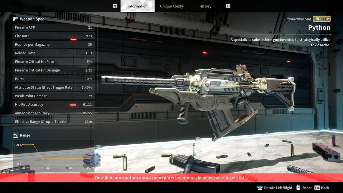Image of the weapon stats for Python in The First Descendant.