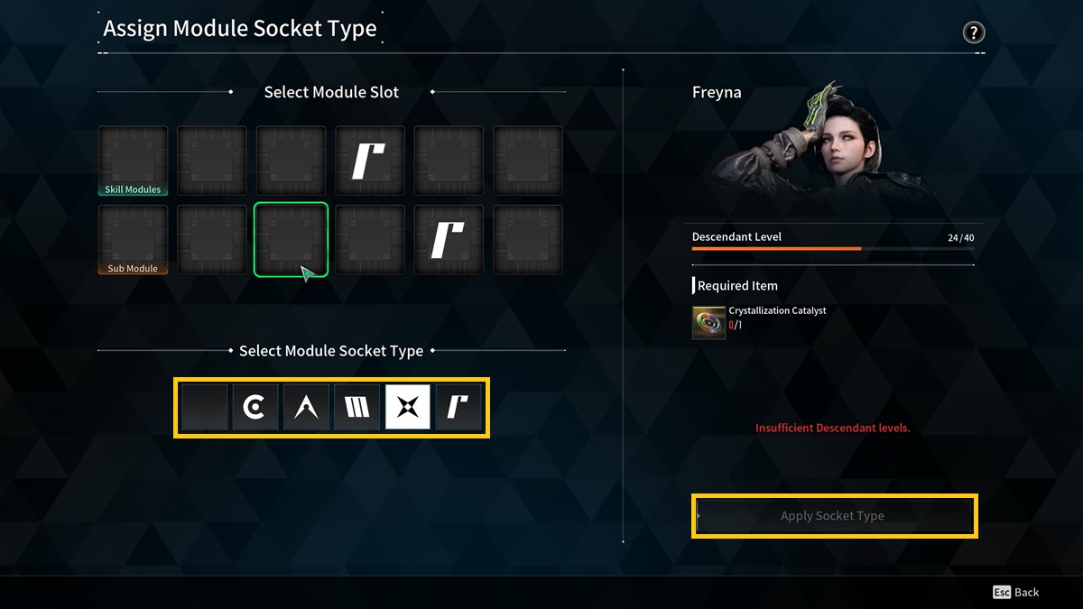 A player resets their character by adding a module symbol to a slot in The First Descendant.