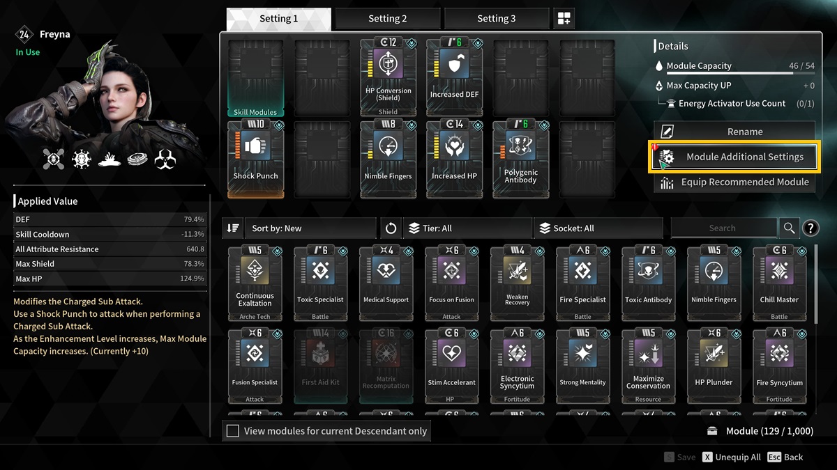 A player selects the module additional settings option in The First Descendant.