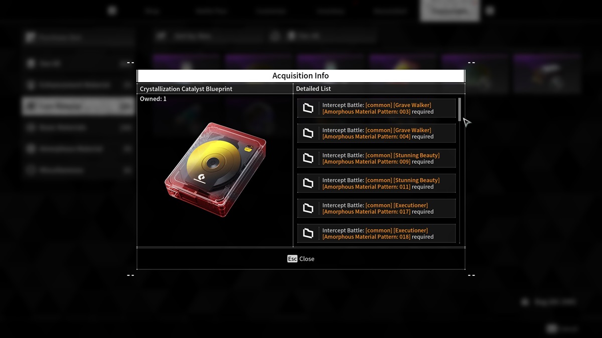 A player checks the Crystallization Catalyst listing in The First Descendant.