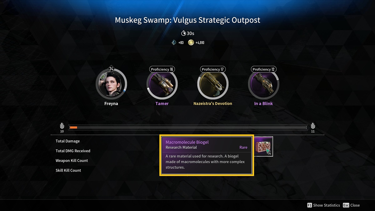 The reward screen of an outpost mission with the Macromolecule Biogel highlighted in The First Descendant.