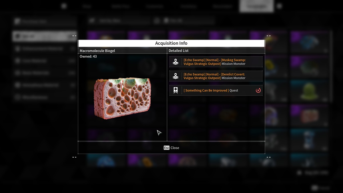 A player checks the Macromolecule Biogel listing in The First Descendant.