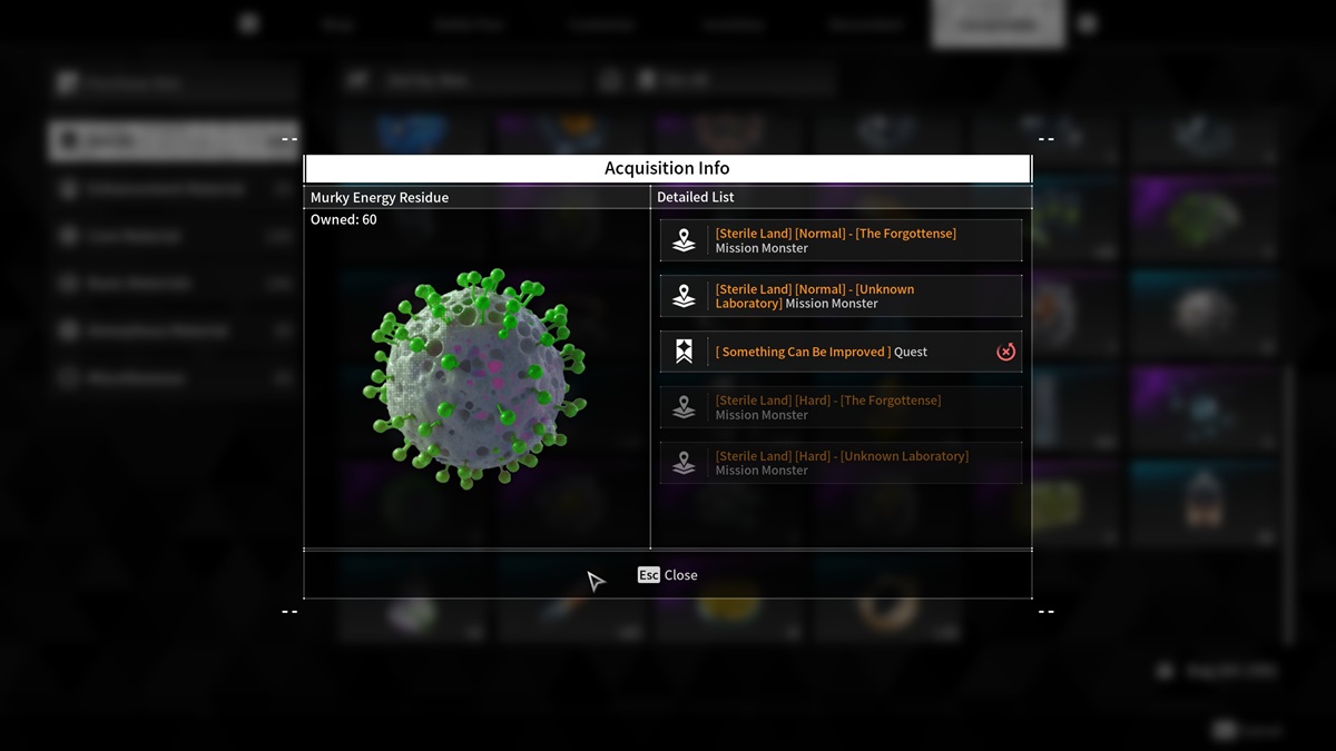 A [player checks the Murky Energy Residue listing in The First Descendant.
