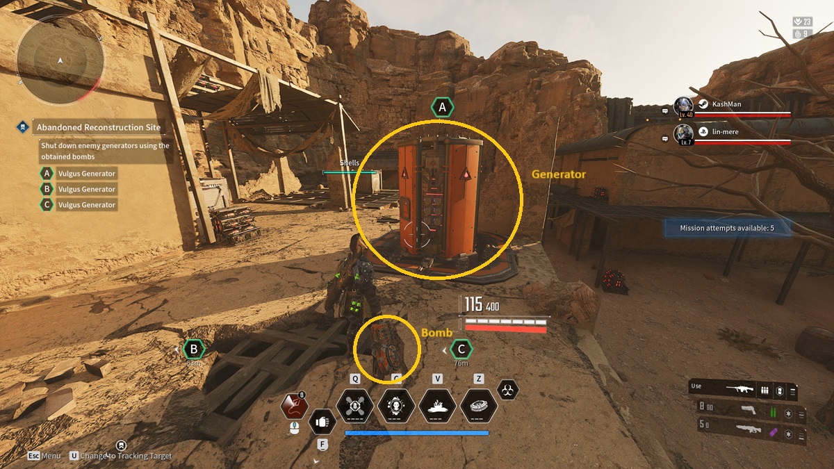 A player interacts with a generator while holding a bomb in The First Descendant.