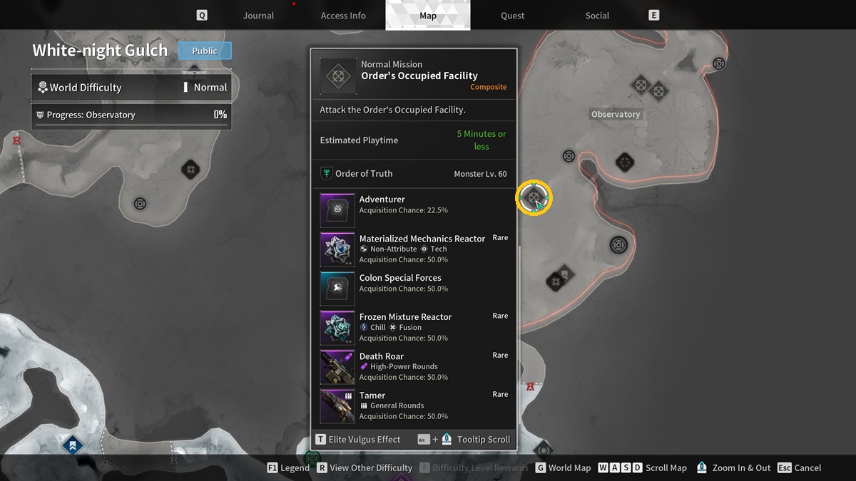 A map with a White-night Gulch mission highlighted which drops the Tamer in The First Descendant.
