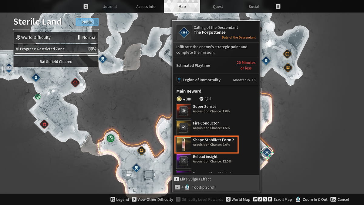 Image of the map in The First Descendant, highlighting a Calling of the Descendant mission and Shape Stabilizer reward.