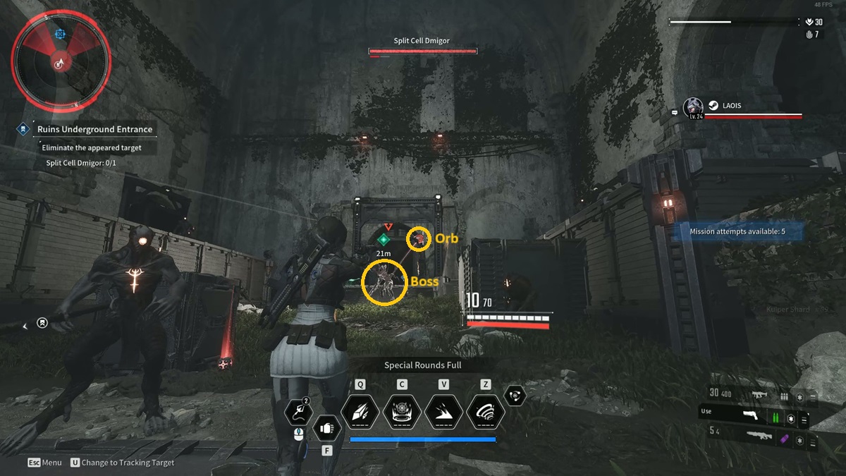A player fighting a boss in The First Descendant to get Freyna's Spiral Catalyst.
