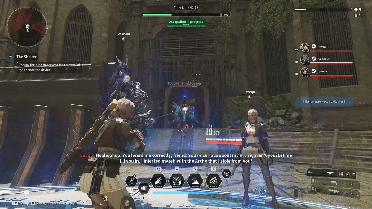 A player stands in a zone and shoots at enemies in The First Descendant.