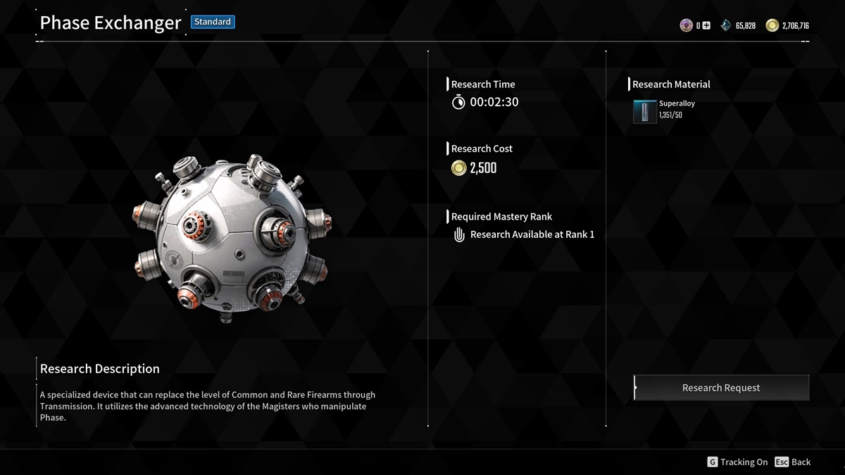 A player checks Phase Exchangers in The First Descendant.