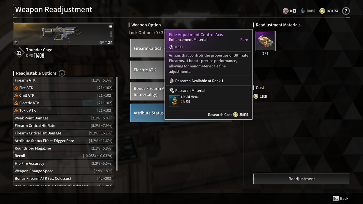 A player checks out weapon readjustment in The First Descendant.