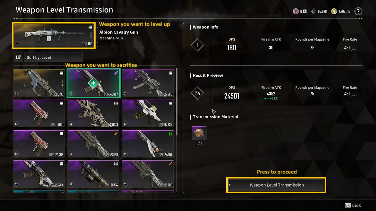 A player picks a weapon to level up in The First Descendant.