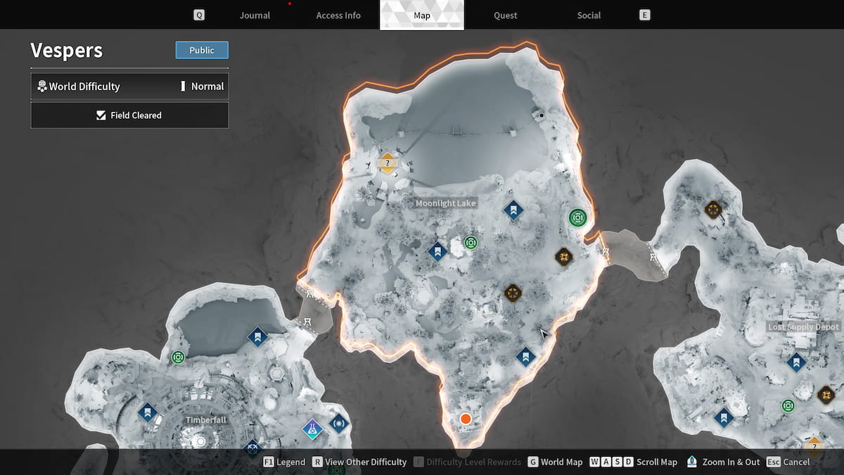 Image of the map of Vespers region in The First Descendant, showing the Moonlight Lake area and Encrypted vault locations.