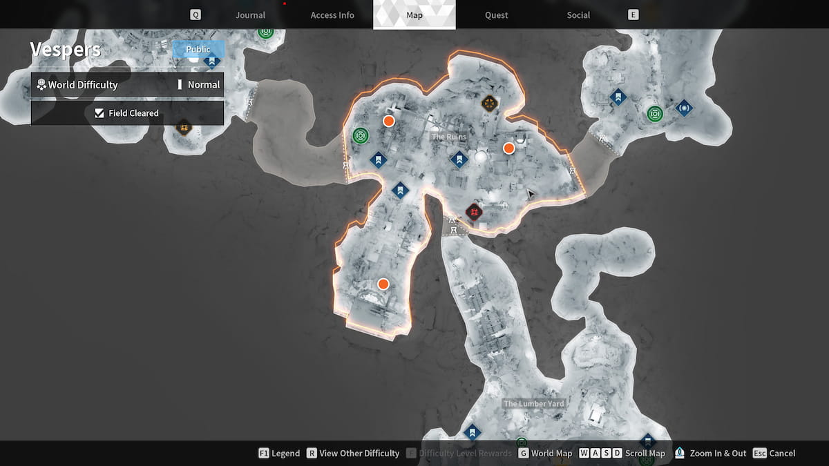 Image of the map of Vespers region in The First Descendant, showing the The Ruins area and Encrypted vault locations.