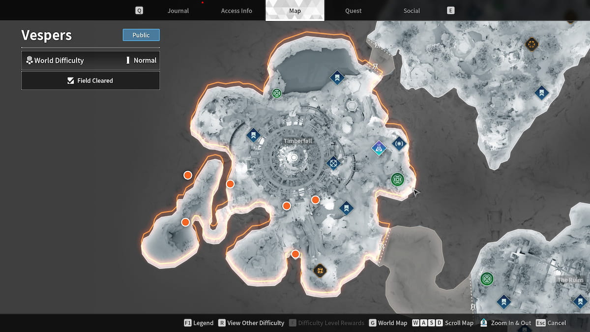 Image of the map of Vespers region in The First Descendant, showing the Timberfall area and Encrypted vault locations.
