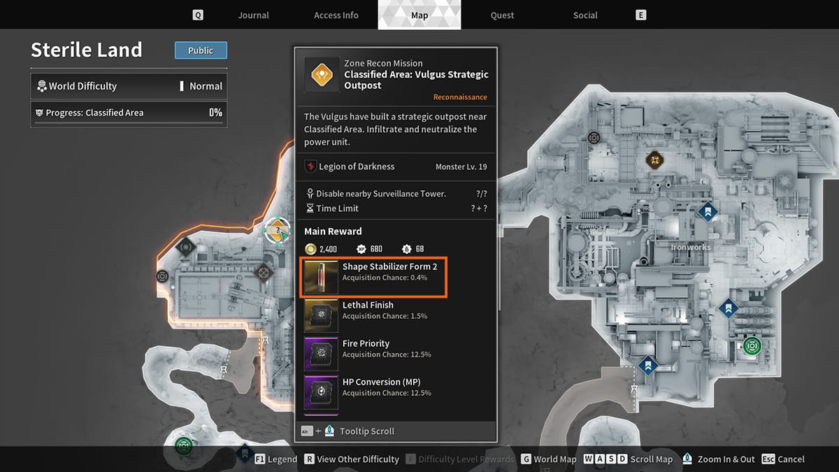 Image of the map in The First Descendant, highlighting a Zone Recon Mission and Shape Stabilizer reward.