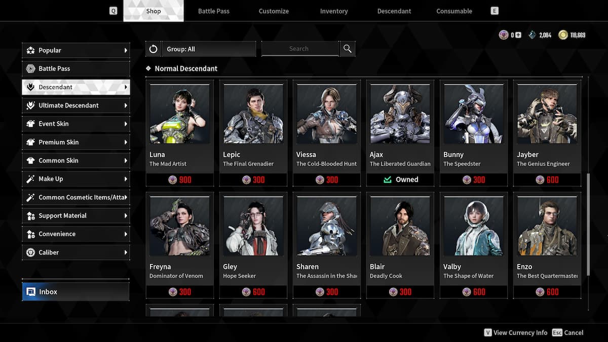 Image of the Store screen to buy characters in The First Descendant.