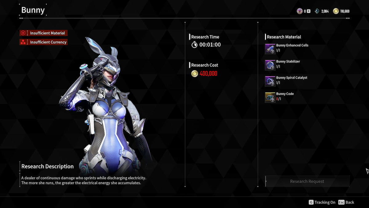 Image of the character research screen to unlock Bunny in The First Descendant.