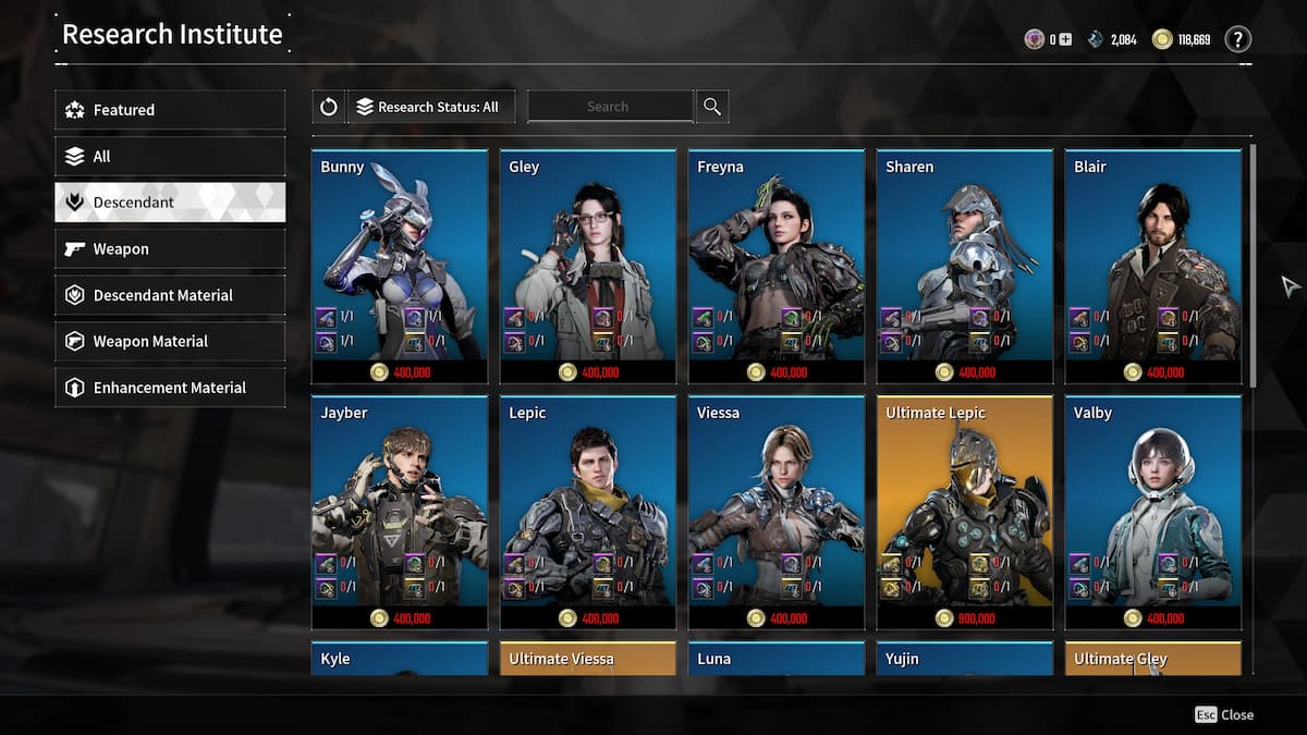 Image of the character research menu in The First Descendant.