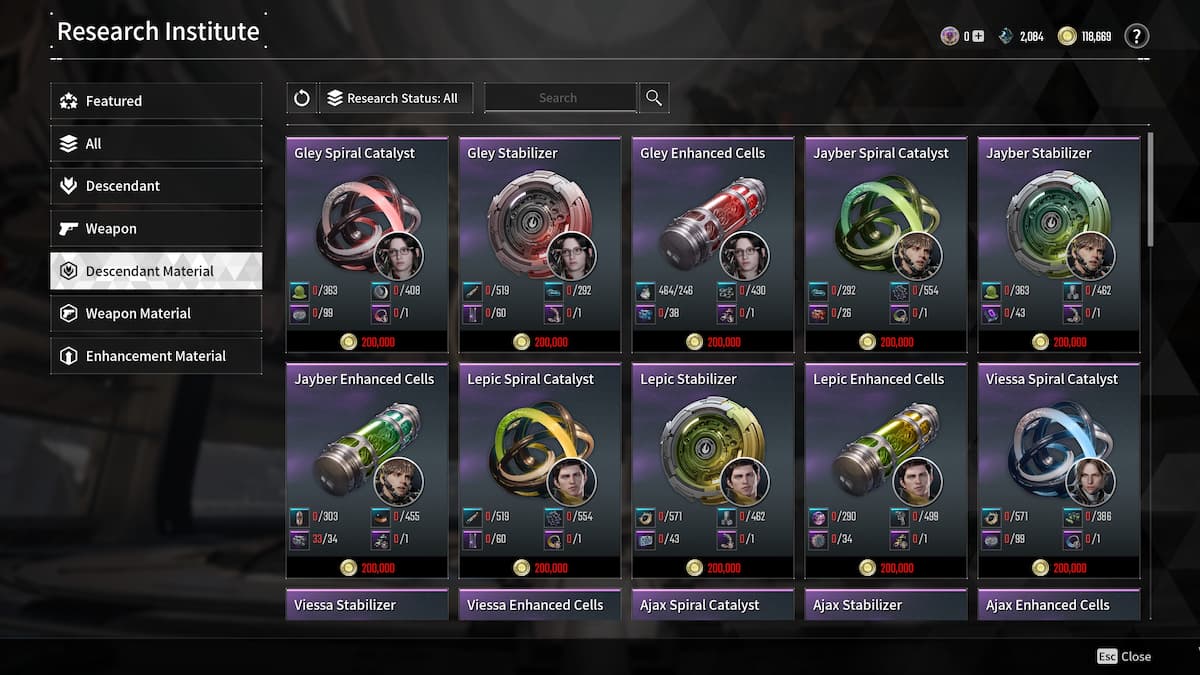 Image of the character research materials in The First Descendant.