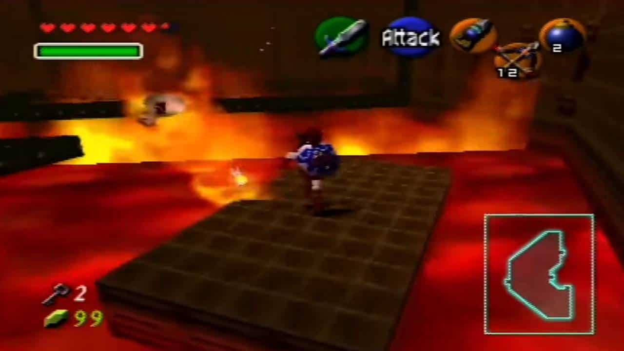 How dungeons have evolved in The Legend of Zelda: Link in the fire temple, stood on a platform floating on lava.