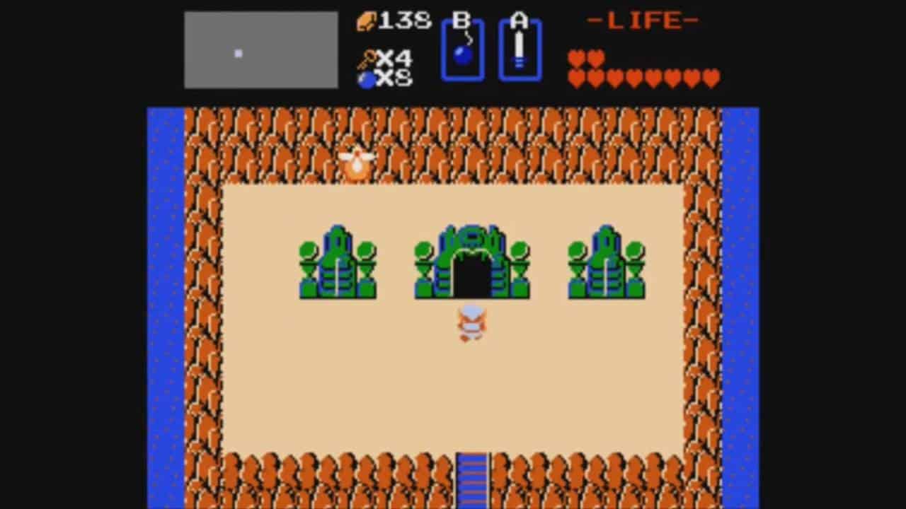 How dungeons have evolved in The Legend of Zelda: Link entering a dungeon in the original game.