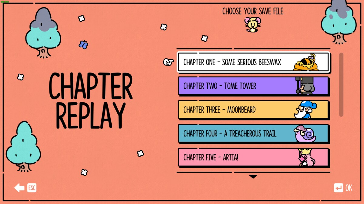The Plucky Squire chapter list: chapter replay screen.