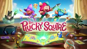 SPlash image for The Plucky Squire platform game, showing three characters jumping out of a story book.