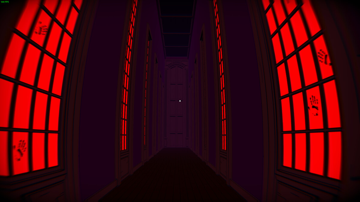 The Seance at Blake Manor: a gloomy corridor with windows lit up red.