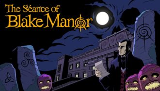 The Seance at Blake Manor: detective next to a manor house.