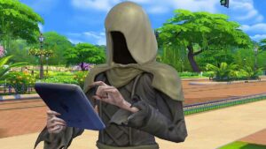 Grim using a tablet while standing outside.