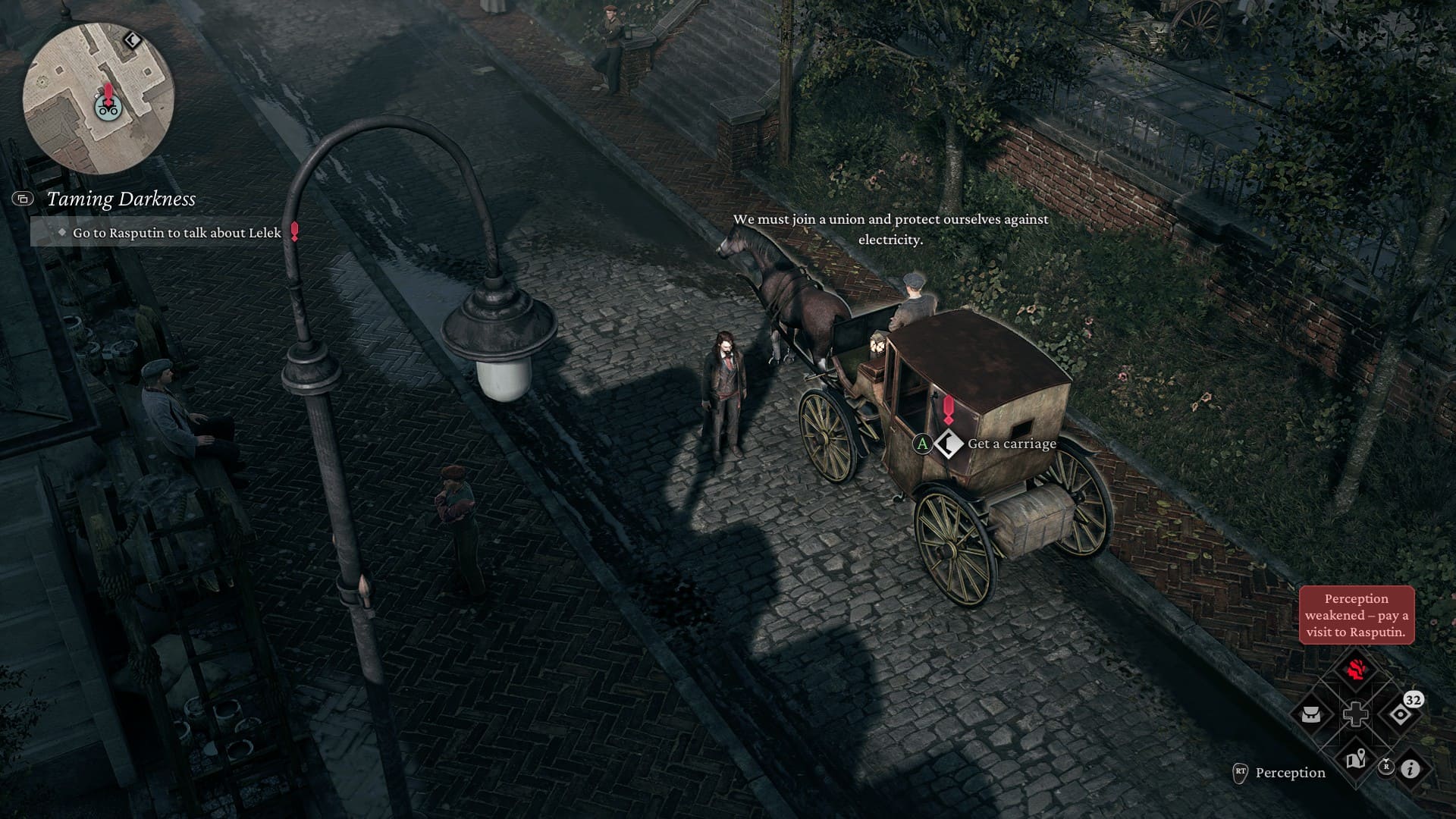 The Thaumaturge tips and tricks: Wiktor standing next to a horse and carriage on the street.