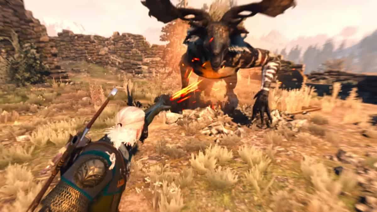 Geralt fights a creature in The Witcher 3, a great substitude to Avatar: Frontiers of Pandora