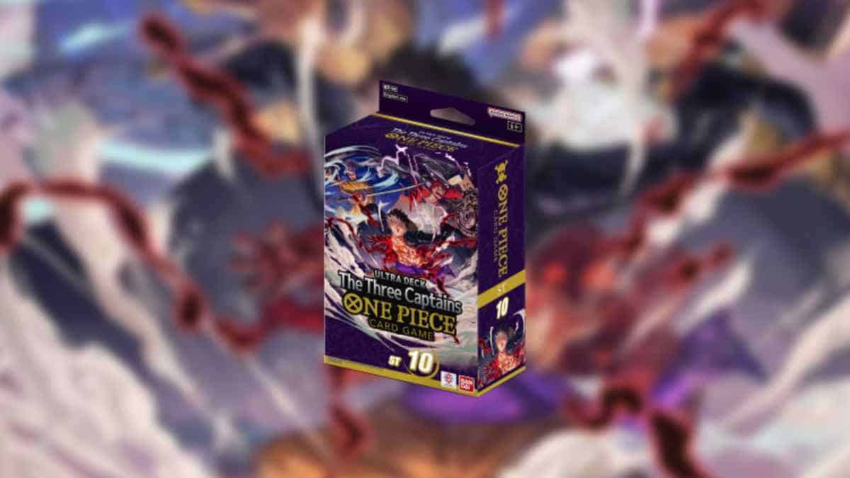 A box of "best One Piece TCG starter decks" titled "the three captains" floating with a dynamic, illustrated background.
