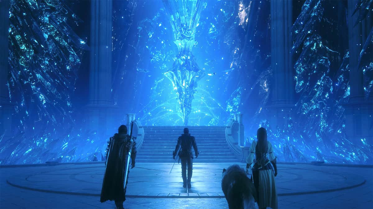 three character and a wolf standing in front a blue stairway in final fantasy 16