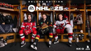 three hockey players sitting on a bench in locker room in nhl 25