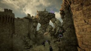 Throne and Liberty beta start date: A giant rocky golem breaking through castle walls as several people run towards it.