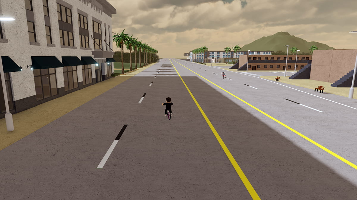 Image of the player driving a bike down a road during sunset in ThrottleX on Roblox.
